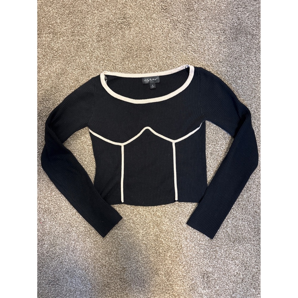 Say What? Corset Ribbed Top Womens M Black Excellent Long Sleeve Contrast Trim